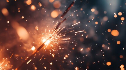 A sparkling firework bursts against a dark background, creating a dazzling display of light and...