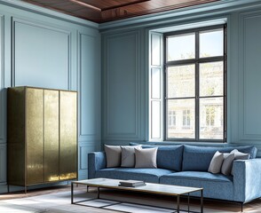 Fototapeta premium Modern area, indigo sofa, soft blue walls, mahogany top, brass storage unit.