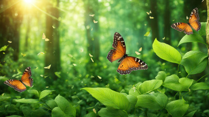 Illustration of Butterflies flying and dancing in a Green Paradise of a green forest