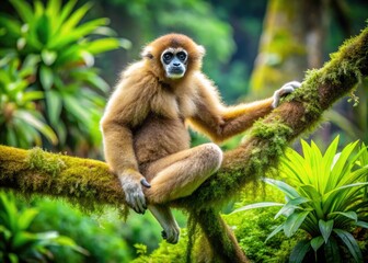 Naklejka premium Agile and expressive, a solo gibbon perches on a moss-covered tree branch, showcasing its slender body and long arms in a lush, vibrant jungle setting.