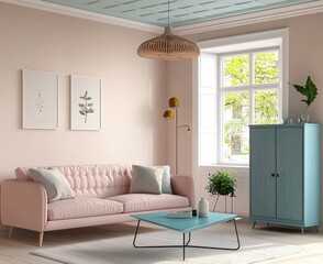 Fototapeta premium Living area with a blush couch, eggshell walls, wooden ceiling, blue cabinet.