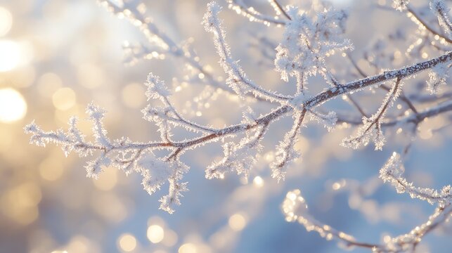 A delicate branch covered in frost sparkles in the soft light of the winter sun.