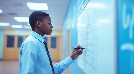 Focused African American Student Solving Mathematical Problems on Whiteboard in School Hallway. Generative ai