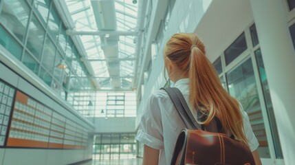 Fototapeta premium Modern Student Life Concept: Young Woman with Backpack in Contemporary School Corridor. Educational and Lifestyle Concept. Generative ai