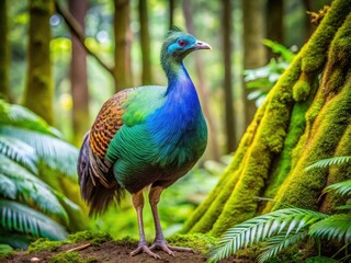 Obraz premium A large, flightless bird with vibrant green and blue plumage, distinctive crest, and strong legs, standing in a lush, misty New Zealand forest undergrowth.
