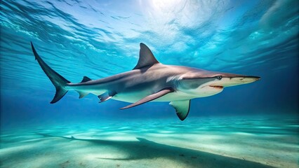 Obraz premium A large grey great hammerhead shark swims horizontally through the turquoise waters of the ocean, its distinctive hammer-shaped head and dorsal fin visible above the waves.