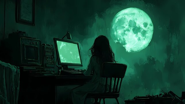 A young woman in a dark room, illuminated by a glowing green moon and computer screen.