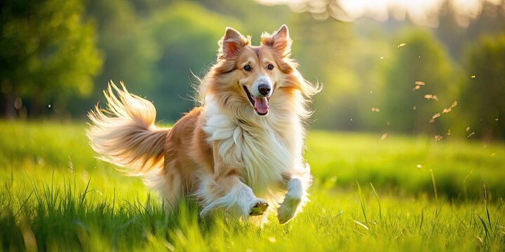 A majestic, athletic dog with a silky, curly coat and slender build, running freely in a lush, green meadow on a sunny day.