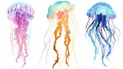 Fototapeta premium Watercolor Illustration on White Background, Jellyfish in Soft Blue and Pink Pastel Colors.