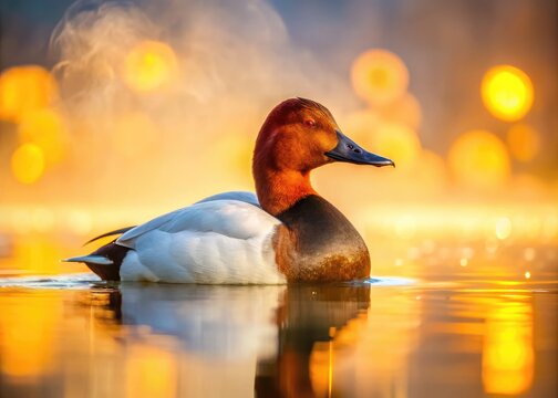 A majestic canvasback duck swims serenely on a misty lake, its iridescent head and neck feathers glistening in the soft, golden morning light.