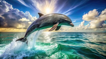 Obraz premium A majestic dolphin leaps out of the turquoise ocean, its sleek gray body glistening in the sunlight, surrounded by splashing water droplets and seaweed.
