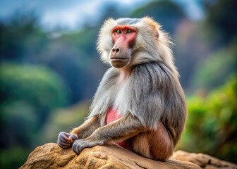 Fototapeta premium A majestic hamadryas baboon with a distinctive red face and rump, sitting on a rocky outcrop, gazing intently into the distance with a curious expression.