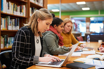 Laptop, typing and woman in library for study group with university, education and scholarship...