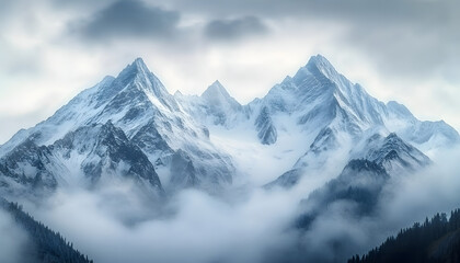 Fototapeta premium Snow-Capped Mountain Peaks Amidst Misty Clouds in Majestic Alpine Landscape