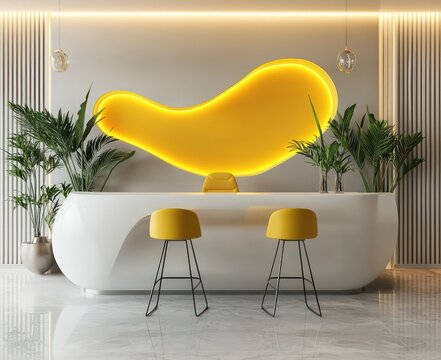 Office Reception Desk: Yellow Stools, Sleek Design, Plant Decor.