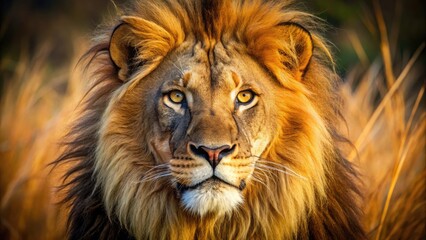 Fototapeta premium A majestic lion's piercing golden eyes, fringed with thick eyelashes, gaze directly into the camera, radiating regal intensity and primal curiosity in the savannah's heart.