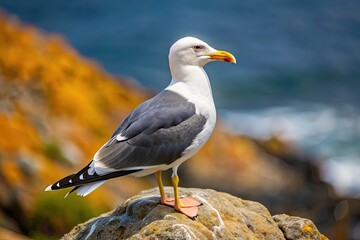 Fototapeta premium A majestic Slaty-backed Gull perches on a rocky coastline, its slate-gray back and wings contrasting with its creamy white head and belly in natural light.