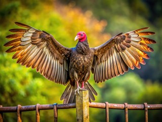 A majestic turkey vulture spreads its wings, revealing a_feathers_scape of brown and gray, perched atop a rusted metal fence in a rural landscape.