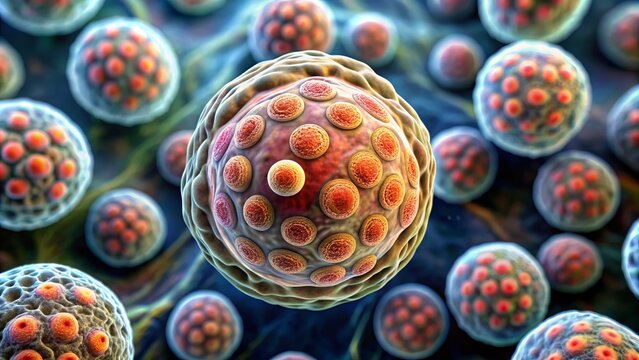 Microscopic view of Taenia solium cyst, also known as pork tapeworm or cysticercus cellulosae, a parasitic infection caused by consuming undercooked pork or contaminated food.