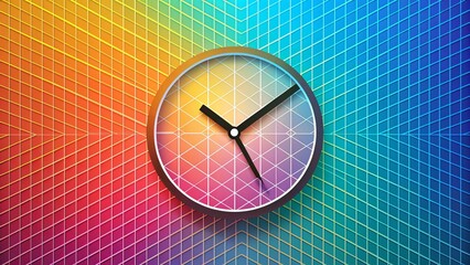 Minimalist clock face on a geometric grid background, modern vector illustration with bold lines, bright colors, and subtle textures, symbolizing time, organization, and technology.