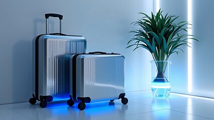 Futuristic Metallic Suitcases Reflecting Blue LED Lights with Bioluminescent Plant in Acrylic Planter