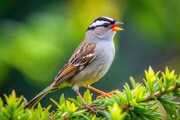 A perched White-crowned Sparrow with distinctive black and white stripes on its head, sings sweet melody amidst lush green foliage of a forest habitat.