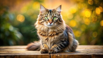 A proudly posing, fluffy American Bobtail cat with distinctive short tail, bright eyes, and soft fur, sitting on a rustic wooden table against a blurred background.