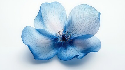  single, soft blue flower with detailed petals on a white background, representing simplicity and the quiet beauty of nature.
