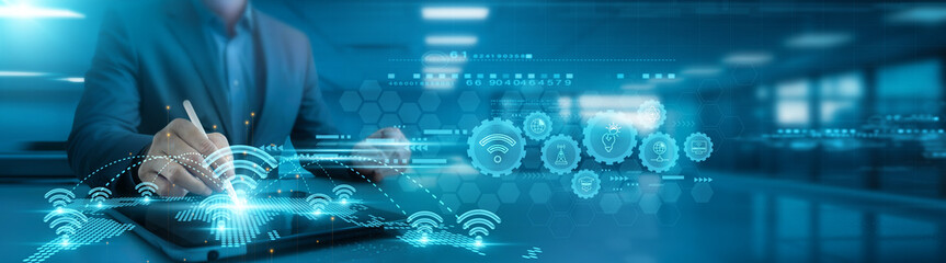 Businessman analyzing wifi data and network growth graph on office table with tab, connected, secure, efficient, monitoring, trends, improving.