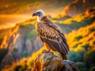 Fototapeta premium A regal vulture perches atop a rocky outcropping, its majestic plumage glistening in the golden light, eyes watchful and piercing, surveying its scavenged kingdom.
