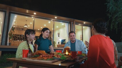 Family gather celebrate holiday. Parents, grandparents and girl together to relax and have dinner party food. Outdoor activity for spending time with multigeneration cross generation gap. Divergence.