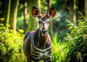 A shy, striped okapi gazes warily from a lush, green forest clearing, its long neck and large ears blending into the dappled shadows.