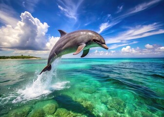 A sleek bottlenose dolphin leaps out of the turquoise Indian Ocean waters, its gray skin glistening in the bright sunlight, with coral reefs in the background.