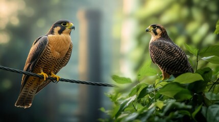 Fototapeta premium Survival Dichotomy: Peregrine Falcon's Life in Urban Decay vs. Natural Abundance