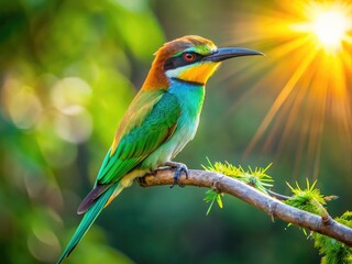 Obraz premium A sleek, iridescent bird with a long, pointed bill and vibrant green feathers perches on a sun-drenched branch, its eyes fixed intently on the surroundings.