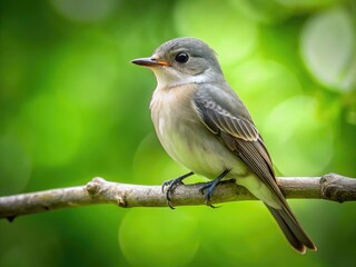 A sleek olive-sided flycatcher perches on a branch, its gray back and white underside contrasting with the lush green forest surroundings in summer.
