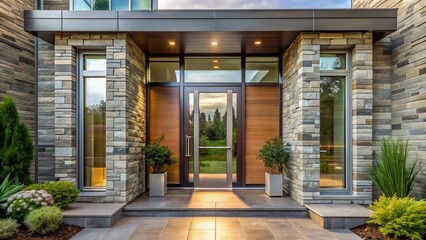 Fototapeta premium Modern front door with sleek glass panels and stainless steel frame, surrounded by elegant stonework, inviting natural light and showcasing a beautiful entrance.