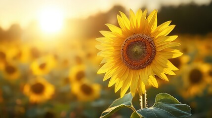 Obraz premium A vibrant sunflower in full bloom, bathed in golden sunlight, standing tall in a vast field, symbolizing warmth, positivity, and the beauty of nature.