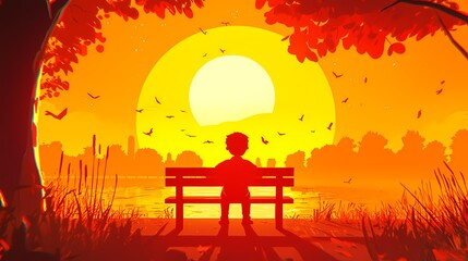 Naklejka premium A thoughtful boy gazes at a vibrant sunset over a tranquil lake.
