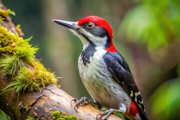 A small, black-and-white woodpecker with distinctive red cap, perched on a branch, pecks at bark in search of insects in a lush forest setting.