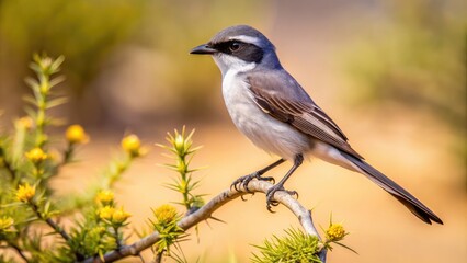 Fototapeta premium A small, gray and white bird with a distinctive black mask and hooked beak perches on a desert tree branch, surveying its arid landscape domain.