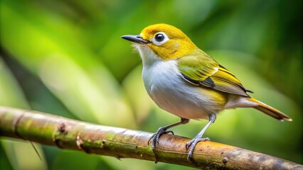 Obraz premium A small, greenish-yellow songbird with a distinctive black eye stripe and white wing bars perches on a branch, singing sweet melodies in the subtropical forest.
