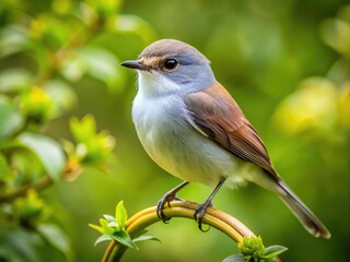 A small, grey-and-white bird with a distinctive silver ring around its eye, perched on a branch, surrounded by lush green foliage and soft natural light.