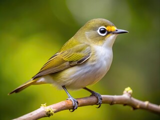 Fototapeta premium A small, olive-green songbird with a grey crown and white underside perches on a branch, showcasing its distinctive white eye rings and slender beak.