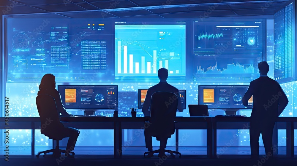 Poster a business team working in a tech-savvy office with multiple screens displaying financial data, repr