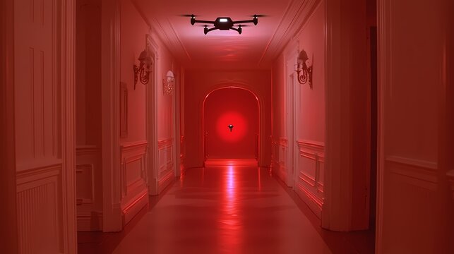 A drone flying in a hauntingly lit red corridor.