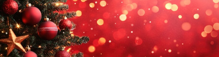 Obraz premium Christmas tree with red ornaments and golden stars on the left side of the frame, red background with bokeh lights in the middle Generative AI