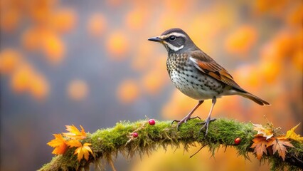 Fototapeta premium A solitary dusky thrush perches on a moss-covered branch, its rusty-brown plumage blending with the muted forest surroundings on a misty autumn morning.