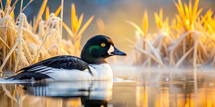 A solitary Common Goldeneye duck swims amidst icy mist and frosty reeds, its vibrant yellow eyes shining brightly in a serene winter wonderland landscape.