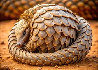 A solitary pangolin, covered in tough, overlapping scales, curled up defensively, its long tail and claws relaxed, in a dry, cracked earthy environment.
